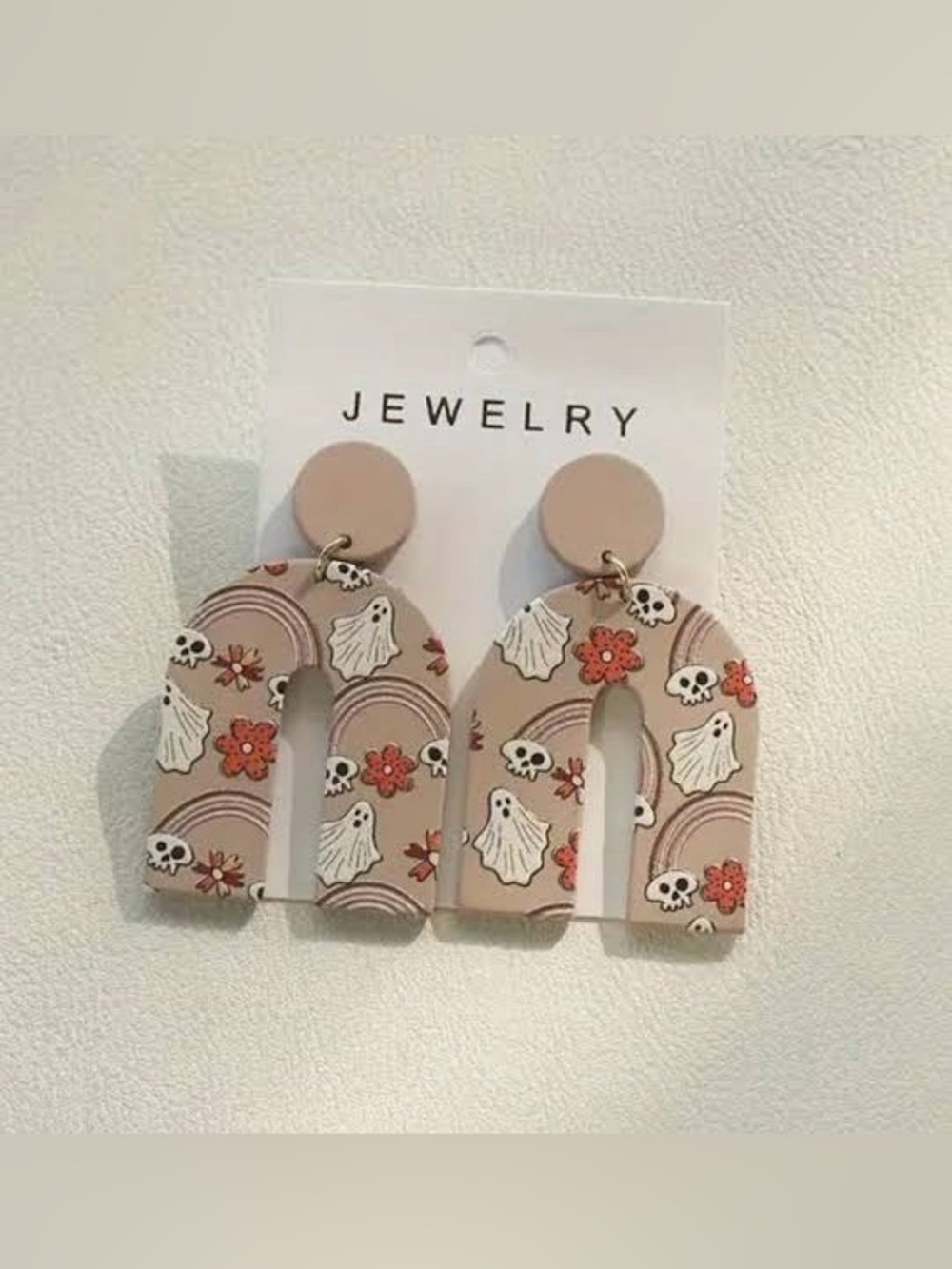 Beige Ghost & Flower Arch Earrings